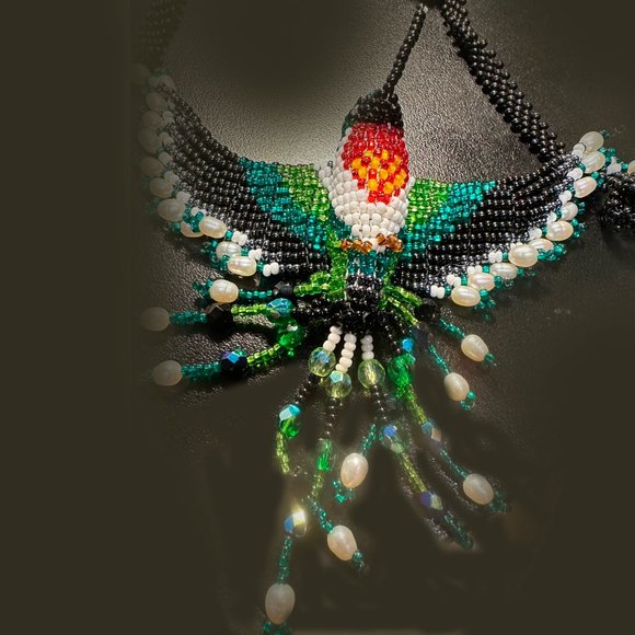 Hand beaded hummingbird necklace. 28".  Multicolor. Enhanced with pearl beads. - Picture 5 of 5